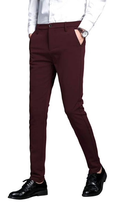 lot 1139 image: Plaid&Plain Mens Stretch Dress Pants Slim Fit Skinny Suit Pants 7101 Burgundy 27W28L Retail $26