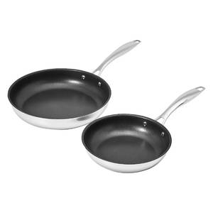 lot 1024 image: Amazon Basics 2-Piece Non-Stick Stainless Steel Fry Pan Set, Oven Safe, Induction Compatible, Stay-Cool Handles, 10-Inch and 8-Inch - Retail $47