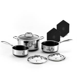 lot 1009 image: HexClad Hybrid Nonstick 6 Pc Pot Set & Trivets, 2, 3, and 8-Qt Pots & Lids - Retail $379