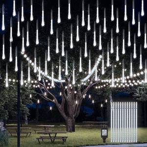 lot 1088 image: PGFUN Meteor Shower Rain Lights 12.2 inch 12 Tubes 288 LEDs Christmas Snow Falling Icicle LED String Lights Cascading Lighting for Christmas Decorations Wedding Garden Trees Patio Decoration (White) - Retail $52