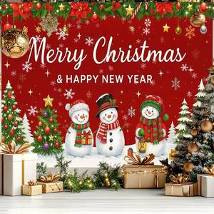lot 1092 image: HOMETITUTE Snowman Christmas Backdrop Red Theme Decorations 8 x 6 FT - Retail $21