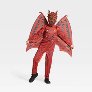 lot 1122 image: Kids Light Up Red Dragon Halloween Costume Jumpsuit with Mask and Wings Medium- Hyde & EEK Boutique - Retail $35