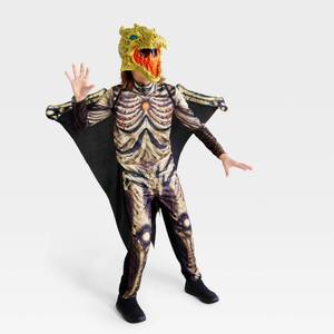 lot 1123 image: Halloween Kids Light Up and Sound Skeletal Dragon Halloween Costume Jumpsuit with Mask and Wings M - Hyde & EEK Boutique It ROARS  - Retail $35