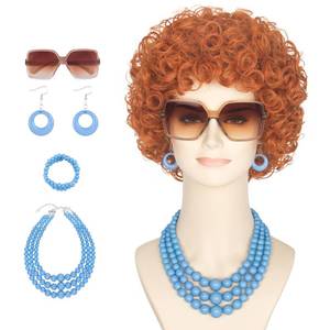 lot 1144 image: Yan Dream Women Short Curly Red Brown Wig and Blue Oversized Jewelry Set - Retail $22