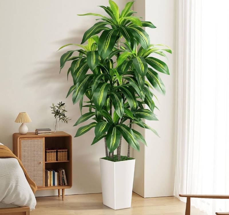 lot 6099 image: Artificial Dracaena Tree Indoor, 5FT Tall Fake Tree with White Tall Planter, Artificial Tree Fake Yucca Potted Tree for Home Office Living Room Decor, Tall Artificial Plant for Housewarming