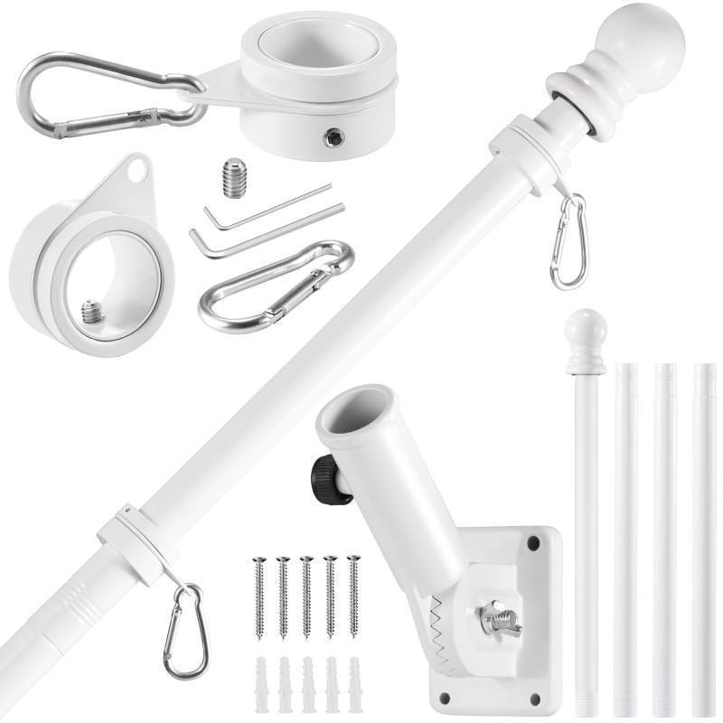 lot 5264 image: BONWIN White Flag Pole Kit for House, 5 FT Thickened Stainless Steel Porch Wall Mount Flagpole for 3x5 Flag, 1 Tangle Free Rotating Flag Pole Rings &amp 180° Adjustable Multi-Positions Bracket Holder