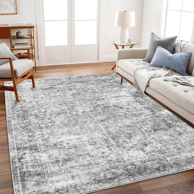 lot 7003 image: CHAMPLANT 5x7 Washable Area Rug Gray Vintage Traditional Floor Cover Foldable Thin Kitchen Accent Indoor Distressed Non Slip Carpet Floral Print Mat Bedroom Living Room Bathroom