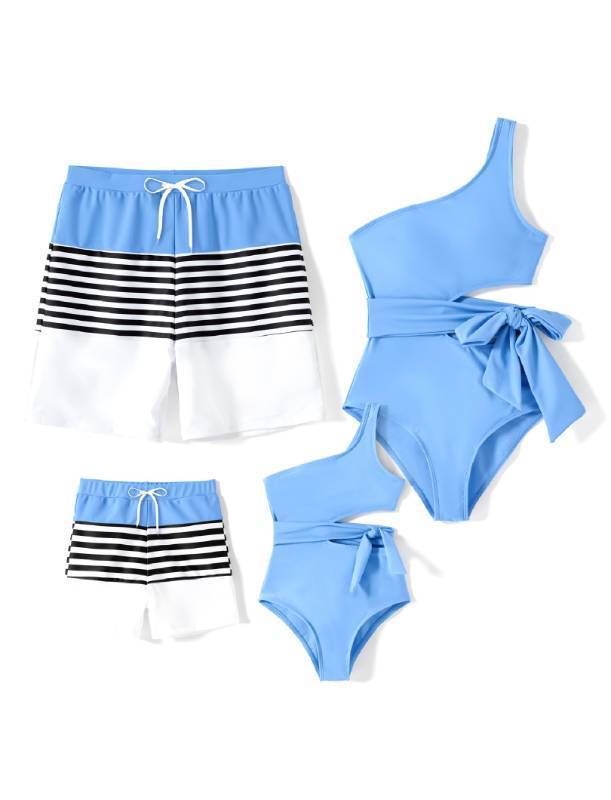 lot 7329 image: PATPAT Family Matching Swimsuits Mommy and Me One Shoulder Cutout Tie Waist Bathing Suits One Piece Swimwear Sets Light Blue Toddler Girl 2 Years
