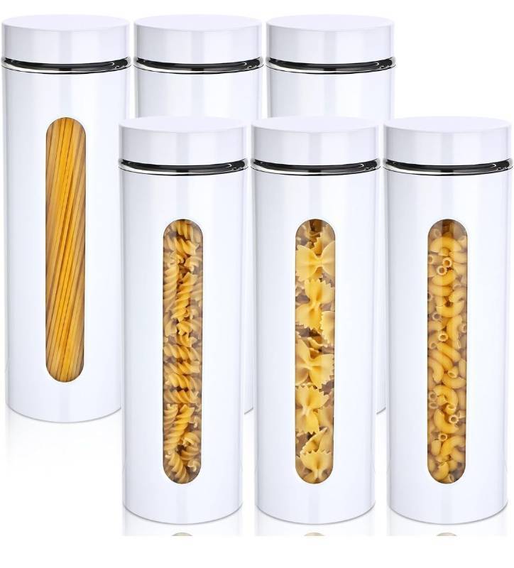 lot 6087 image: 6 Pack Kitchen Canisters Set Airtight Coffee Sugar Tea Storage Jars with Window Glass Stainless Steel Containers with Lids for Flour Cookies Spices Grains Kitchen Decorations(White,60 oz