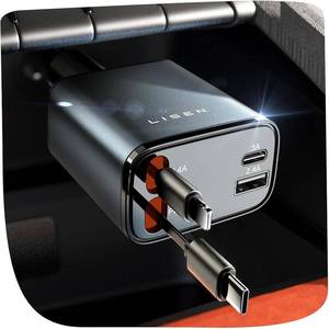 lot 3168 image: LISEN Retractable Car Charger, 84W Car Charger USB C Fast Charge, 4 in 1