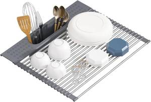 lot 3192 image: Roll Up Dish Drying Rack Over Sink, Foldable Stainless Steel Drainer, Grey