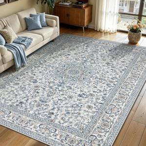 lot 3290 image: 5x7 Area Rug, Washable, Non-Slip, Soft Low-Pile Vintage Floral (Blue)