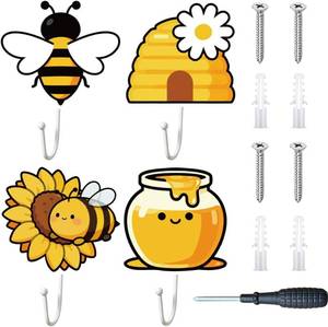 lot 3299 image: 4Pcs 4 Styles Honey Bee Wall Hooks, Wood Coat Hanger - Wall Mount for Keys