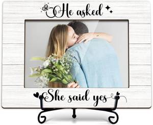 lot 3316 image: Engagement Picture Frame, 4x6 Wood Desk Display, He Asked She Said Yes Sign