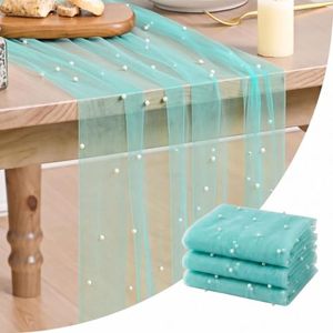 lot 3327 image: Artoid Mode 3PCS Pearl Turquoise Gauze Table Runner, 120-Inch (10ft) Decor
