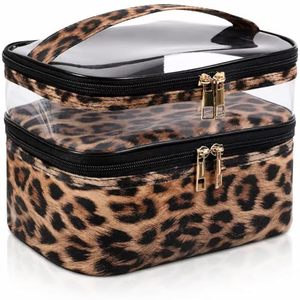 lot 3328 image: Double-layer Cosmetic Bag - Travel Makeup Bag, Waterproof, Foldable (Leopard)