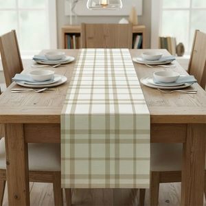 lot 3330 image: Beige White Plaid Table Runner 108 x 14 in, Linen Long Runner for Tables