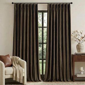 lot 3333 image: Brown Velvet Pinch Pleated Curtains, 108-Inch, Darkening Thermal