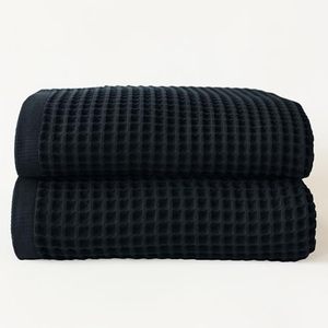 lot 3340 image: Black Waffle Bath Towels, Pack of 2, Extra Large 35x71 in, Turkish Cotton