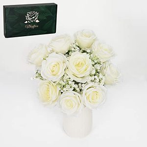 lot 3364 image: Waipfaru 20 Pcs Fake White Roses & Babys Breath Flowers, Long-Stem