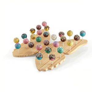 lot 3368 image: Natural Wood Butterfly Cake Pop Stand with 24 Holes, 50 Sticks, 14.7x12.6 in