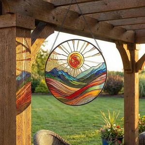 lot 3381 image: Sun Mountains Stained Glass Hanging, 9.8 Sun Catcher, Boho Wall Art