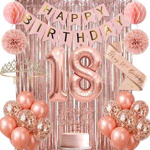 lot 3392 image: Rose Gold 18th Birthday Decorations Kit for Girls   Banner, Crown & Flowers
