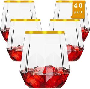 lot 3395 image: Lueumxc Diamond Plastic Wine Glasses, 40 Pack, 12oz, Gold Rim, Unbreakable