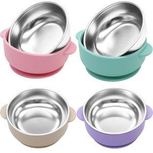 lot 3421 image: 4 Pack Stainless Steel Baby Bowls with Suction 2-in-1