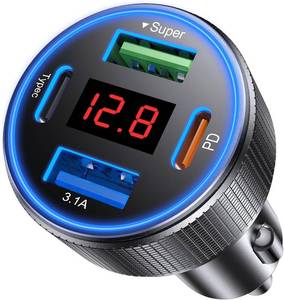 lot 3466 image: Car Charger USB-C Fast Charge 4-Port 78W with Voltmeter, 2 USB-C2 USB-A