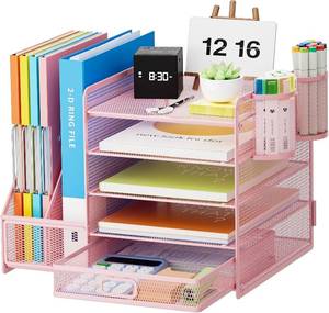 lot 3472 image: Marbrasse Desk Organizer with File Holder, 5-Tier Tray and Drawer (Pink)