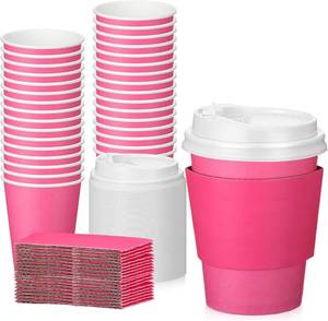 lot 3476 image: Patelai 12 oz Disposable Coffee Cups with Lids Bulk, Dark Pink, 48 Pcs
