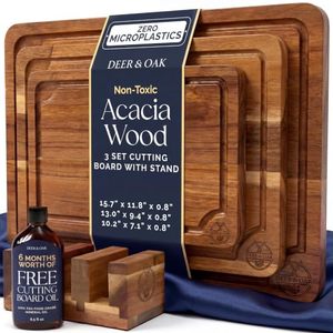 lot 3479 image: Deer & Oak Non Toxic 3-Piece Acacia Cutting Board Set with Stand