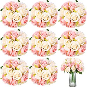 lot 3480 image: Hoteam 72-Head Pink Artificial Rose Flowers, 6-Bouquet Wedding Decoration