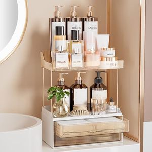 lot 3482 image: Delamu 4-Tier Makeup Organizer, Bathroom Counter Storage, 2 Drawers, Amber