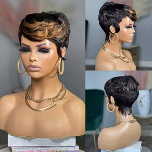 lot 3491 image: Pixie Cut Glueless Human Hair Wig with Bangs, Brazilian Virgin Hair, Layered
