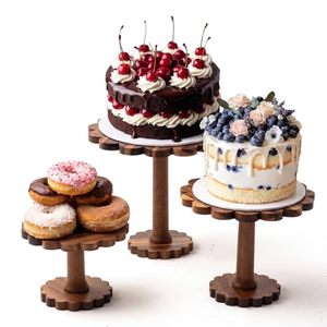lot 3524 image: 3 Pcs Acacia Wood Cake Stand Set, 12, 10, 8 Scalloped Riser