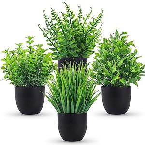 lot 3526 image: Der Rose 4 Pack Small Fake Plants in Black Pots, Bathroom Office Decor