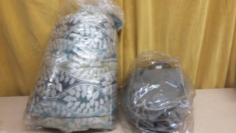 lot 10558 image: Comforter Bedding in Bag Blue  Grey & Axius 5cu ft Rooftop Storage Case