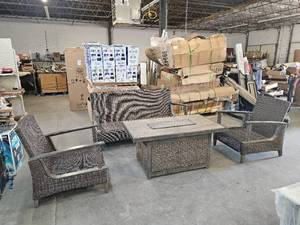 lot 554 image: Pre-Owned 4 Piece Heavy Firepit Set- Sofa 2 Chairs and Firepit Table- Needs A Hug No Reserve Come Check It Out