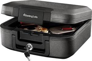 lot 1033 image: SentrySafe Charcoal Gray Fireproof and Waterproof Safe Box with Key Lock, Portable Chest for Money, Passport, 0.28 Cubic Feet, 6.6 x 15.4 x 14.3 Inches, CHW20221