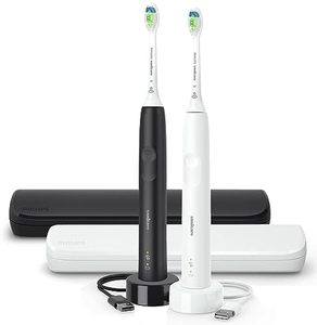 lot 1055 image: $192 Philips Sonicare Electric Toothbrush with DiamondClean Brush Head 2-Pack Bundle, Rechargeable Electric Tooth Brush with Pressure Sensor, Sonic Electronic Toothbrush, Travel Case,Black & White