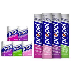 lot 3096 image: Propel Electrolyte Enhanced Water Drink Mix Powder Packets, 4 Flavor Variety Pack, Zero Calorie & Zero Sugar Hydration with Electrolytes and Vitamins C & E (50 Packets) BB JAN 26