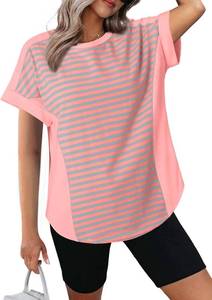 lot 3103 image: Dokotoo T Shirts for Women Striped Color Block Crewneck Short Sleeve Casual Workout Tops Loose High Low Blouses Pink Small