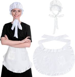 lot 3107 image: 2 Pcs Womens Oktoberfest Costume Set Halloween Colonial Costume Set White Bonnet & Apron with Pocket Pilgrim Maid Outfit Vintage Ruffled Skirt Dress for Cosplay Historical Reenactment