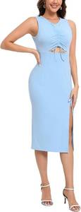 lot 3109 image: DNFUN Womens Casual Sleeveless Cutout Twist Front Side Slit Ribbed Knit Party Bodycon Midi Dresses Blue Medium