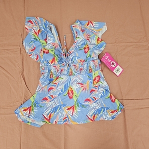 lot 3115 image: Fit 4 U tankini top features a bright blue tropical floral print and a ruffled neckline Size 8
