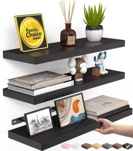 lot 1006 image: BAYKA Floating Shelves for Wall, Wall Mounted Rustic Wood Shelves for Bathroom, Bedroom, Living Room, Kitchen, Hanging Shelf for BooksStorageRoom Decor with 22lbs Capacity (Black, Set of 3, 15.7in)