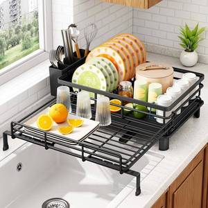 lot 1946 image: SAYZH Expandable Dish Drying Rack for Kitchen Counter, Metal, Black
