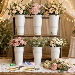 lot 1947 image: 6 Pack Galvanized Metal Flower Buckets with Handles, 10.2 Inch Leak-Proof White Vases for Wedding Centerpieces, Flower Bar, Baby Shower, Farmhouse Rustic Home Decor